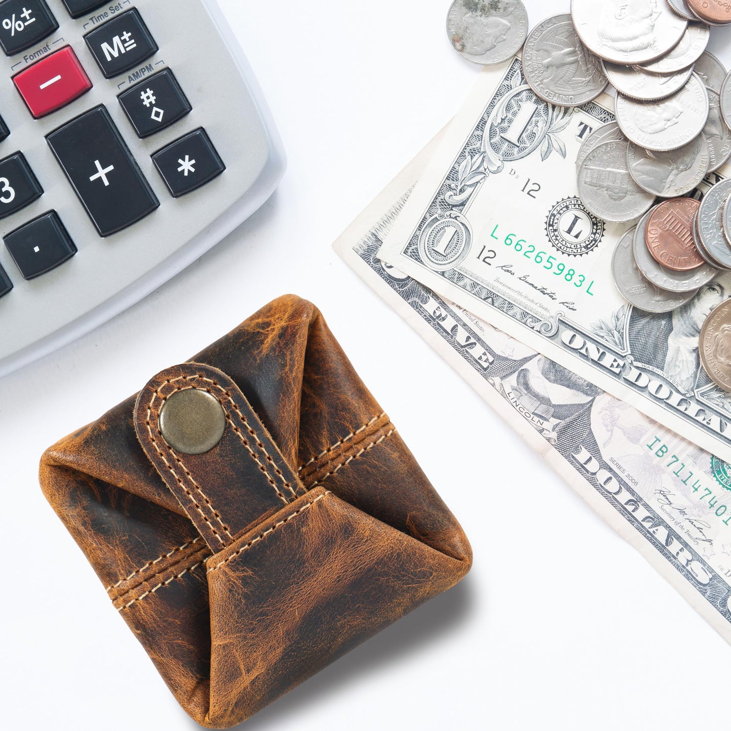 Leather Coin Pouch - Compact Change Holder and Mini Pocket Wallet for Men & Women (Antique Brown)