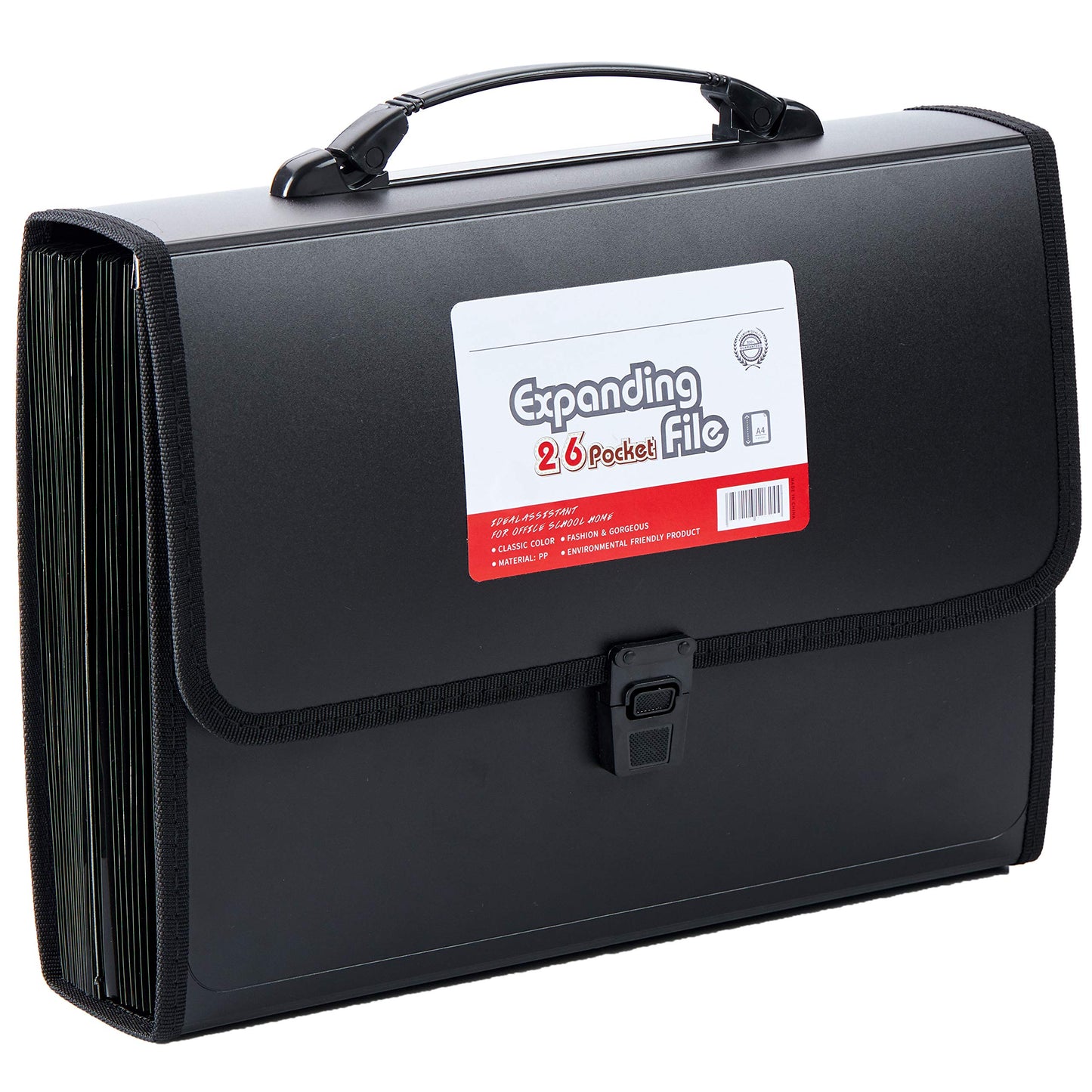 FANWU 26 Pockets Expanding File Accordion Folder with Handle - Letter A4 Paper Size - Expandable Large Plastic File Folder Wallet Monthly Portable Document Organizer with Flap & Buckle (Black)