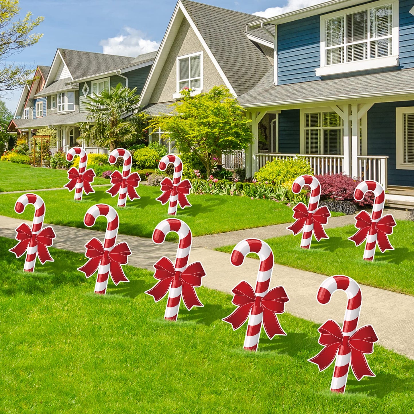 Whaline 10Pcs Christmas Yard Sign with 20Pcs Stakes Large Candy Cane Lawn Waterproof White Red Stripe with Bow Outdoor Sign for Xmas Pathway Walkway Patio Garden Decoration