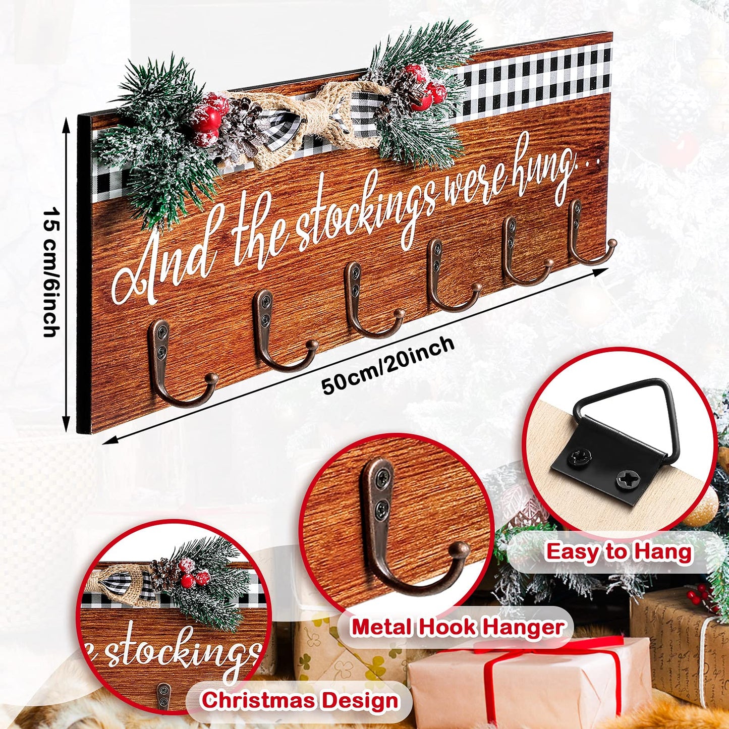 Christmas Stocking Holder with 6 Hangers The Stockings were Hung Wooden Sign Xmas Wall Hanging Sign Wall Mount Hook Holder Decorative Wood Stocking Hanger for Mantle(Retro Style)
