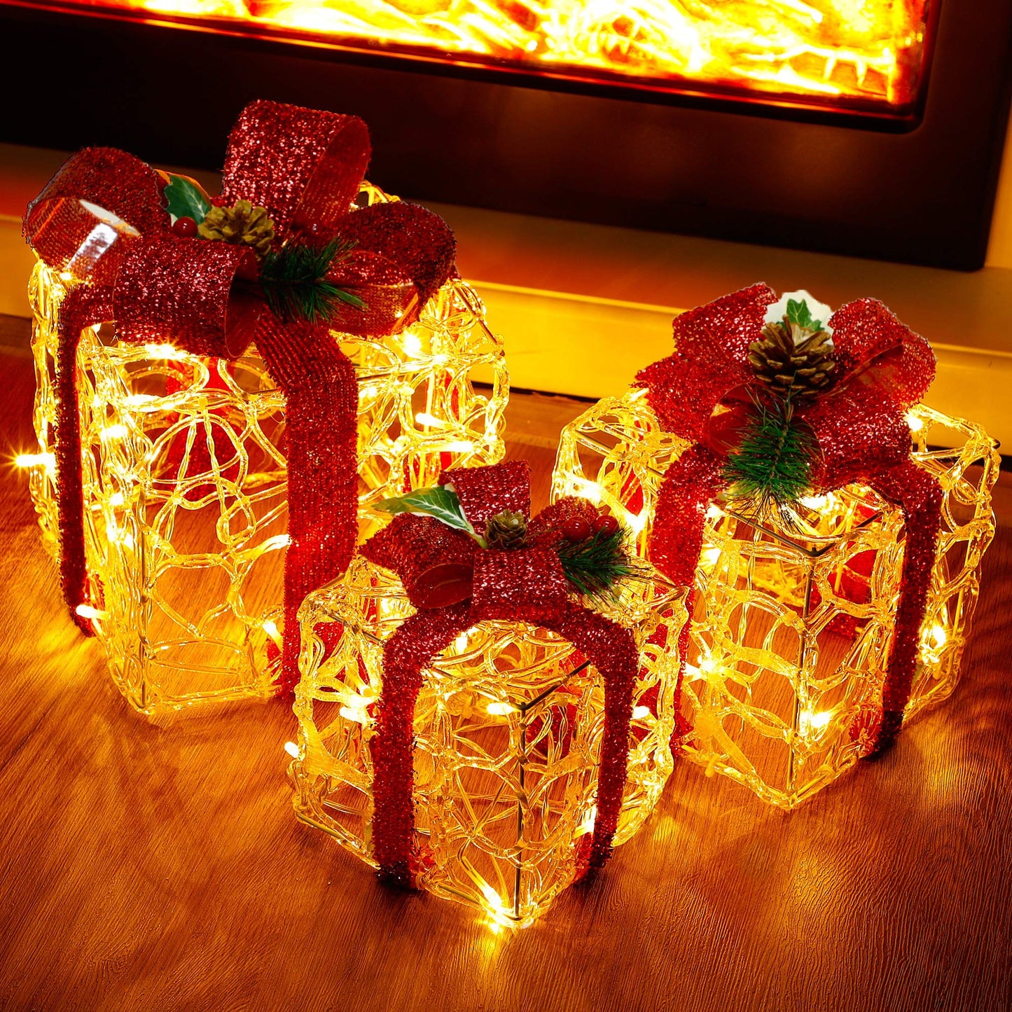 ATDAWN Set of 3 Lighted Gift Boxes Christmas Decorations, Clear Acrylic Present Boxes, Christmas Home Gift Box Decorations