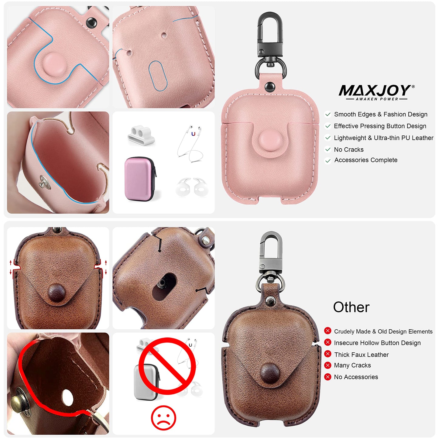 Maxjoy for AirPods 1/2 Case, Premium Leather Protective Cover for AirPods 1st & 2nd Generation with Keychain, Ear Hooks, Anti-Lost Strap and Watch Band Holder, Pink