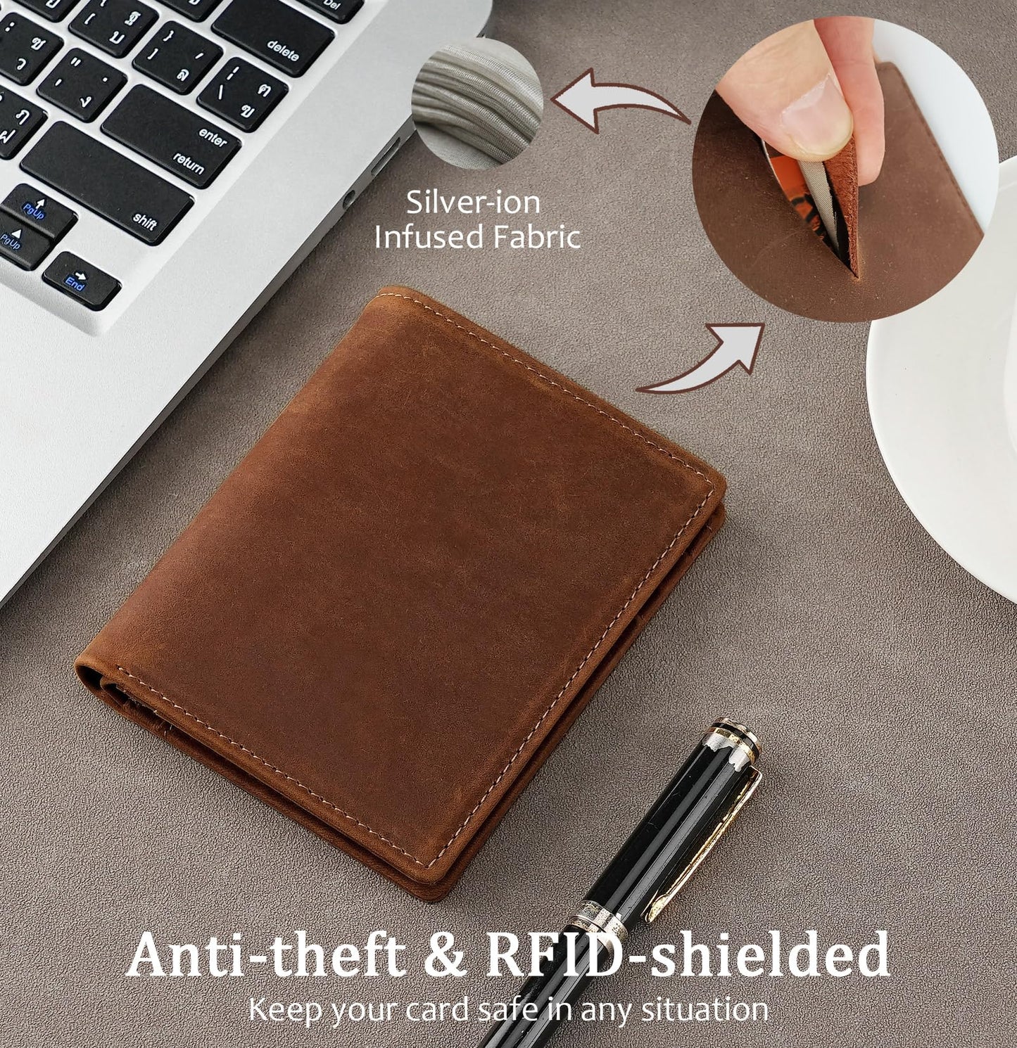 LnxLtw Bifold Vertical Wallet for Men - Slim Leather RFID Blocking Front Pocket Design with ID Window & 2 Cash Pockets | 4.5"x3.7"x0.7" Thin 7 Card Slots Wallets Organizer | Gift Box (Brown)