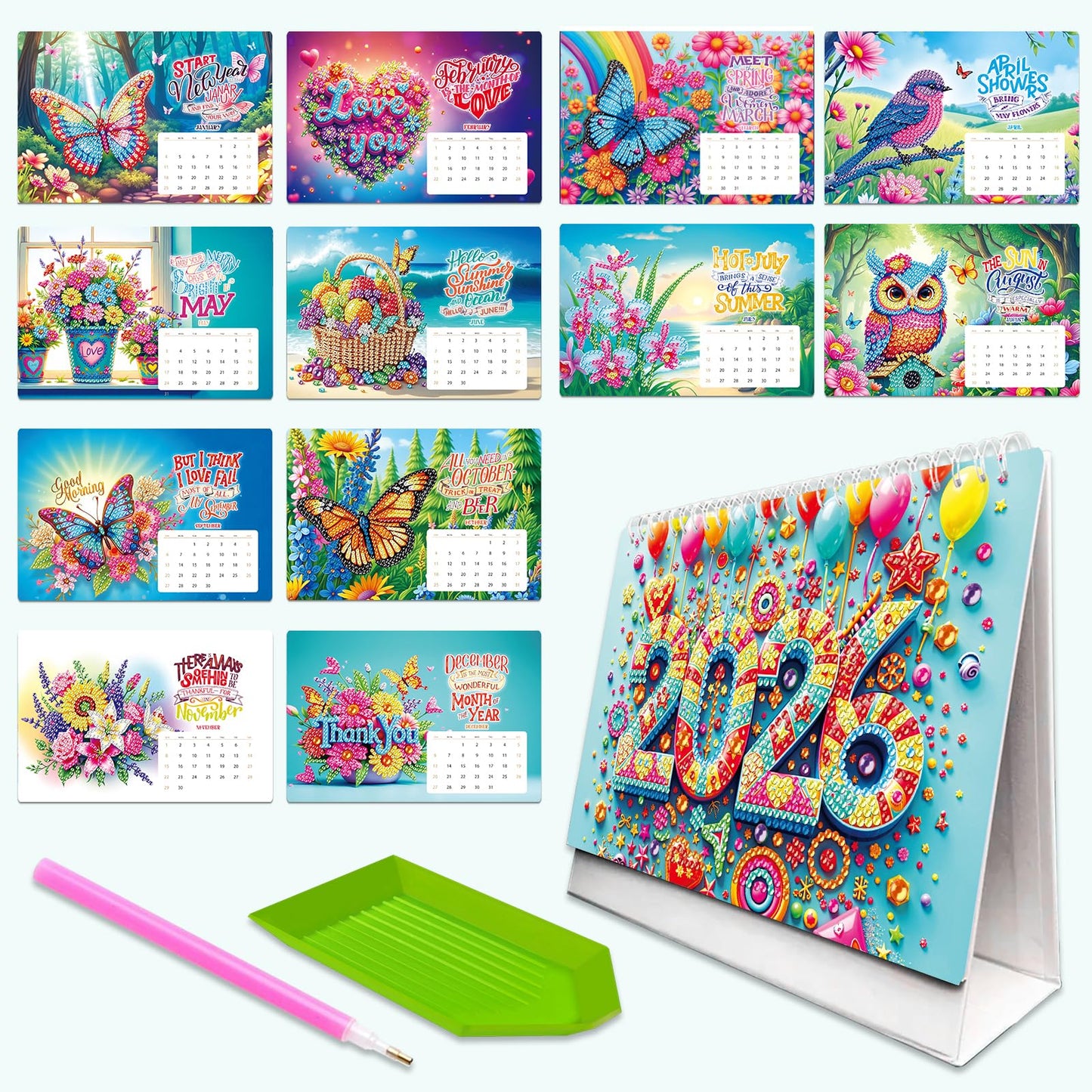 ILYUFO 2026 Diamond Painting Calendar, Diamond Art Kits for Adults, Ideal Desktop Ornaments & Thoughtful Female Gifts (Butterfly and Flower)