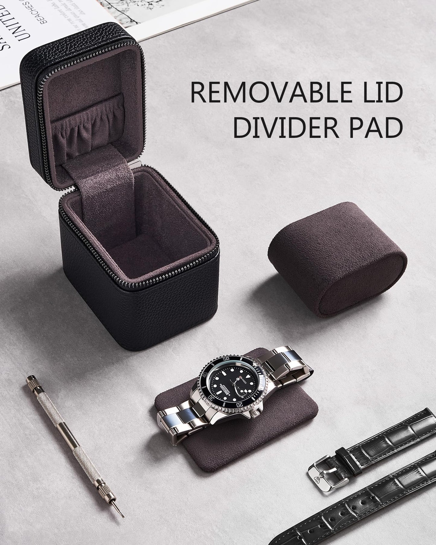 ProCase Single Watch Travel Case for Men, PU Leather Portable Watch Holder, Compact Small Carrying Storage Box for Luxury Watches & Smartwatches with Jewelry Compartment, Fathers Day Gift -Black