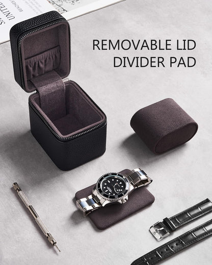 ProCase Single Watch Travel Case for Men, PU Leather Portable Watch Holder, Compact Small Carrying Storage Box for Luxury Watches & Smartwatches with Jewelry Compartment, Fathers Day Gift -Black