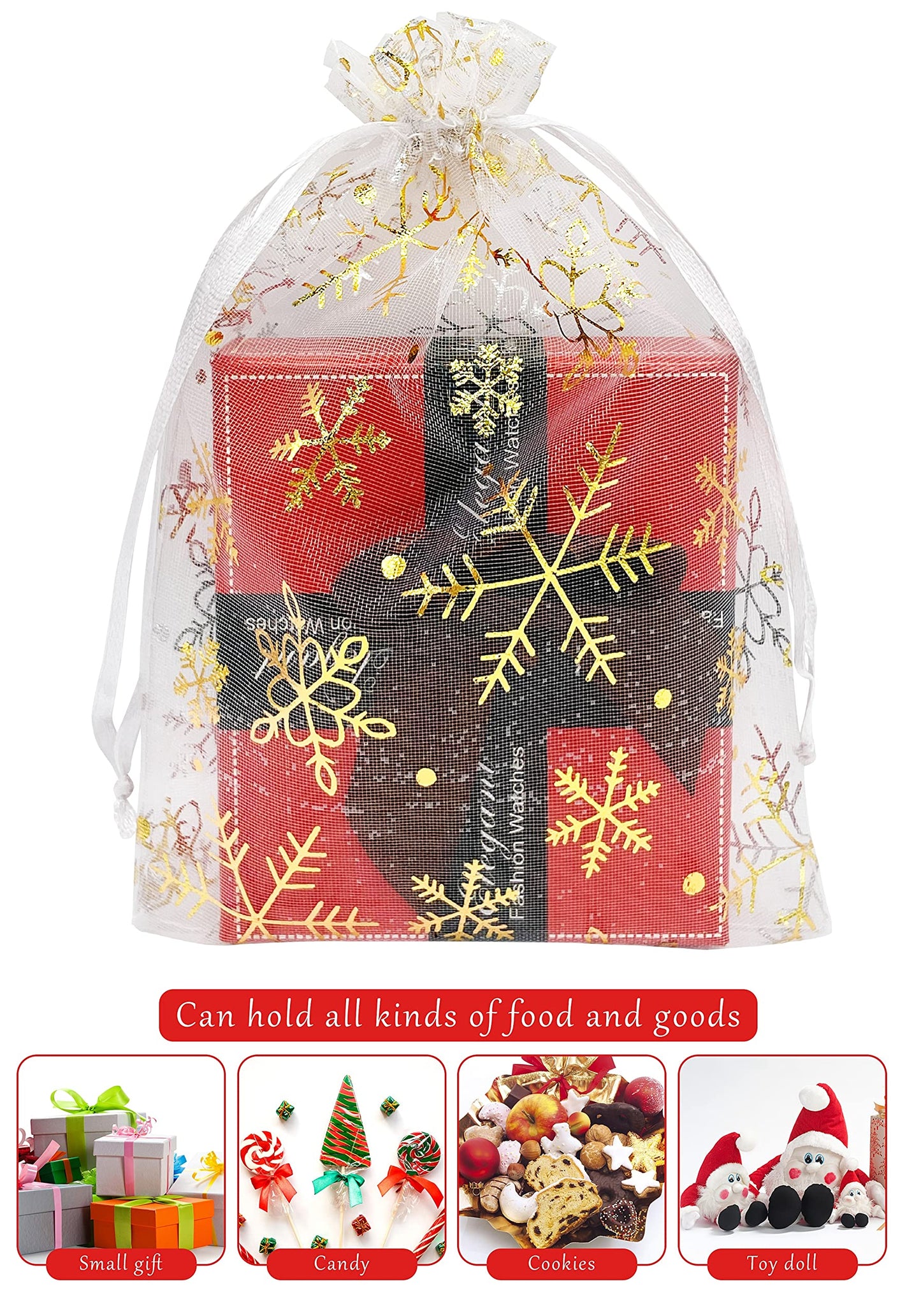 Jexila 100PCS Christmas Organza Gift Bags 5''X7'' Small Snowflake Drawstring Goodie Candy Treat Bag Mesh for Kids Christmas Holiday Party Favors