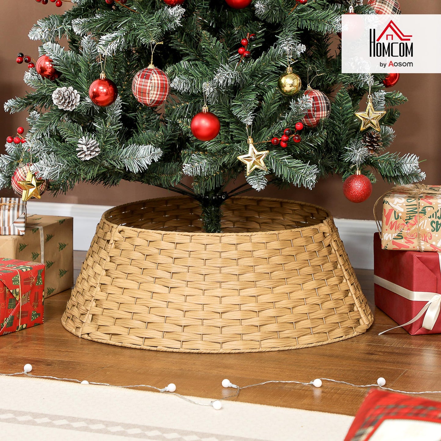 HOMCOM 27 inch Rustic Christmas Tree Collar, Plastic Woven Christmas Tree Skirt, Base Cover for Party, Holiday, Home Decoration, Natural