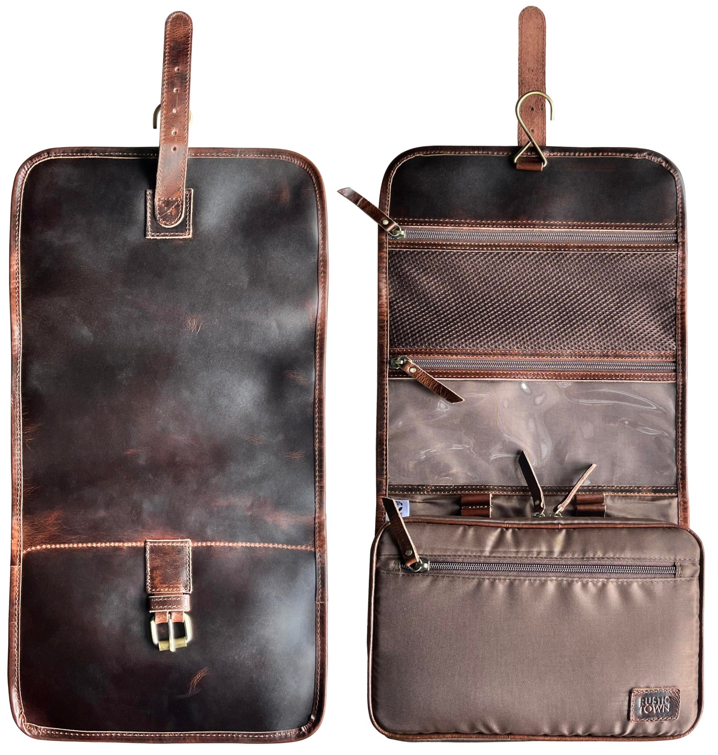 RUSTIC TOWN Leather Hanging Toiletry Bag for Men - Travel Shaving Dopp Kit - Bathroom Shower Toiletries Organizer - Leather Makeup Cosmetic Bag for Women