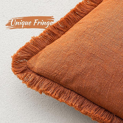 MIULEE Fall Decorative Throw Pillow Covers Neutral Linen Fringe Throw Pillows Set of 2 Orange Boho Farmhouse Cushion Covers with Tassels for Couch Sofa Bed Living Room Spring Home Decor 20x20 Inch