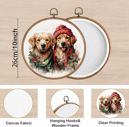 KSDUT Dog Christmas Wall Decor Art - Cute Golden Retriever Wall Art Canvas Frame Hanging Prints, Dog Puppy Xmas Holiday Round Wall Art Decor for Home Bedroom Decorations 10"x10"