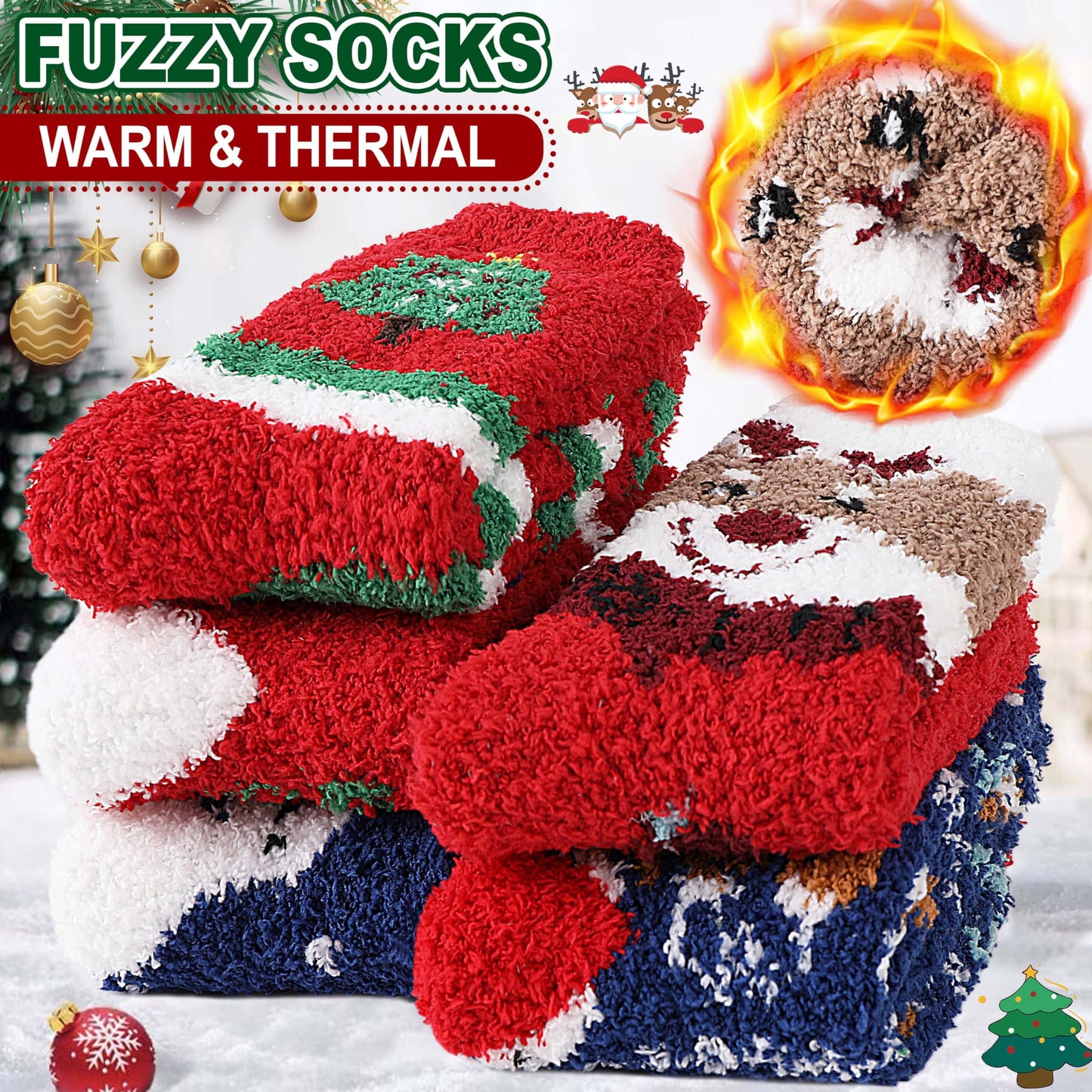 Sandsuced Fuzzy Christmas Socks for Women Fluffy Cozy Winter Warm Cute Fun Plush Comfy Fleece Sleep Christmas Gifts Cabin Socks Stocking Stuffers for Womens Mom 5 Pairs(Christmas Deer,M)