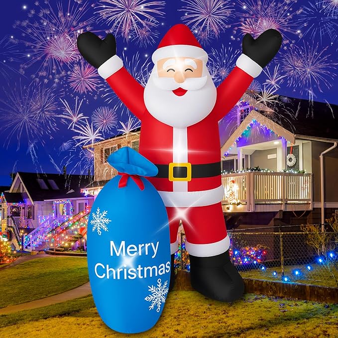 8Ft Christmas Decorations Outdoor Inflatables Giant Santa Claus Carrying a Blue Bag, Blow Up Built-in LED Lights for Party Outdoor Garden Indoor Yard Lawn