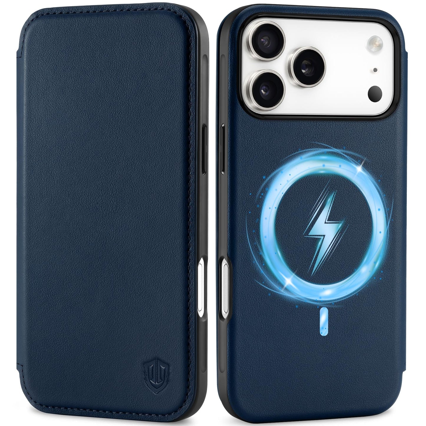 SHIELDON Genuine Leather Slim Wallet Case for iPhone 17 Pro Max 6.9 Inch 2025 | Flip | RFID Blocking Credit Card Slot | Magnetic Closure | Wireless Charging | Shock Absorbing Cover | Navy Blue