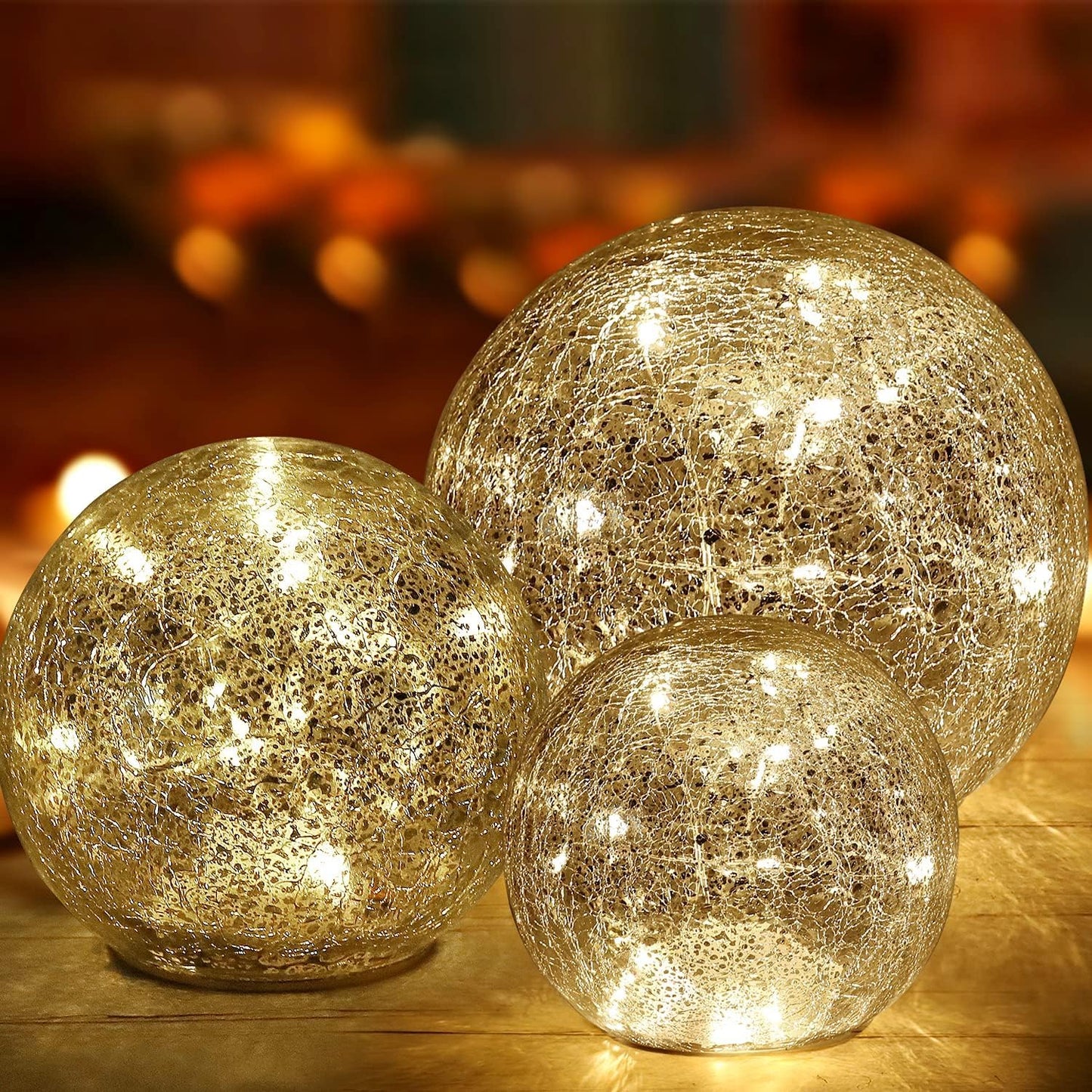 Mercury Crackle LED Glass Globe Ball Lamp with Timer, Battery Operated Night Light for Girls, Birthday, Halloween,Christmas - Decorative Gift for Home Warm White (with Timer)