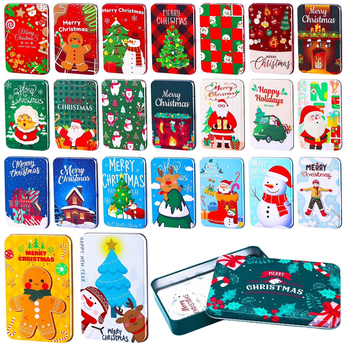 MGparty 24 PCS Christmas Gift Card Tin Boxes with Lids, Small Metal Holiday Gift Card Holders for Candy Cash Jewelry, Bulk Xmas Stocking Stuffers & Christmas Party Favor Gift Set