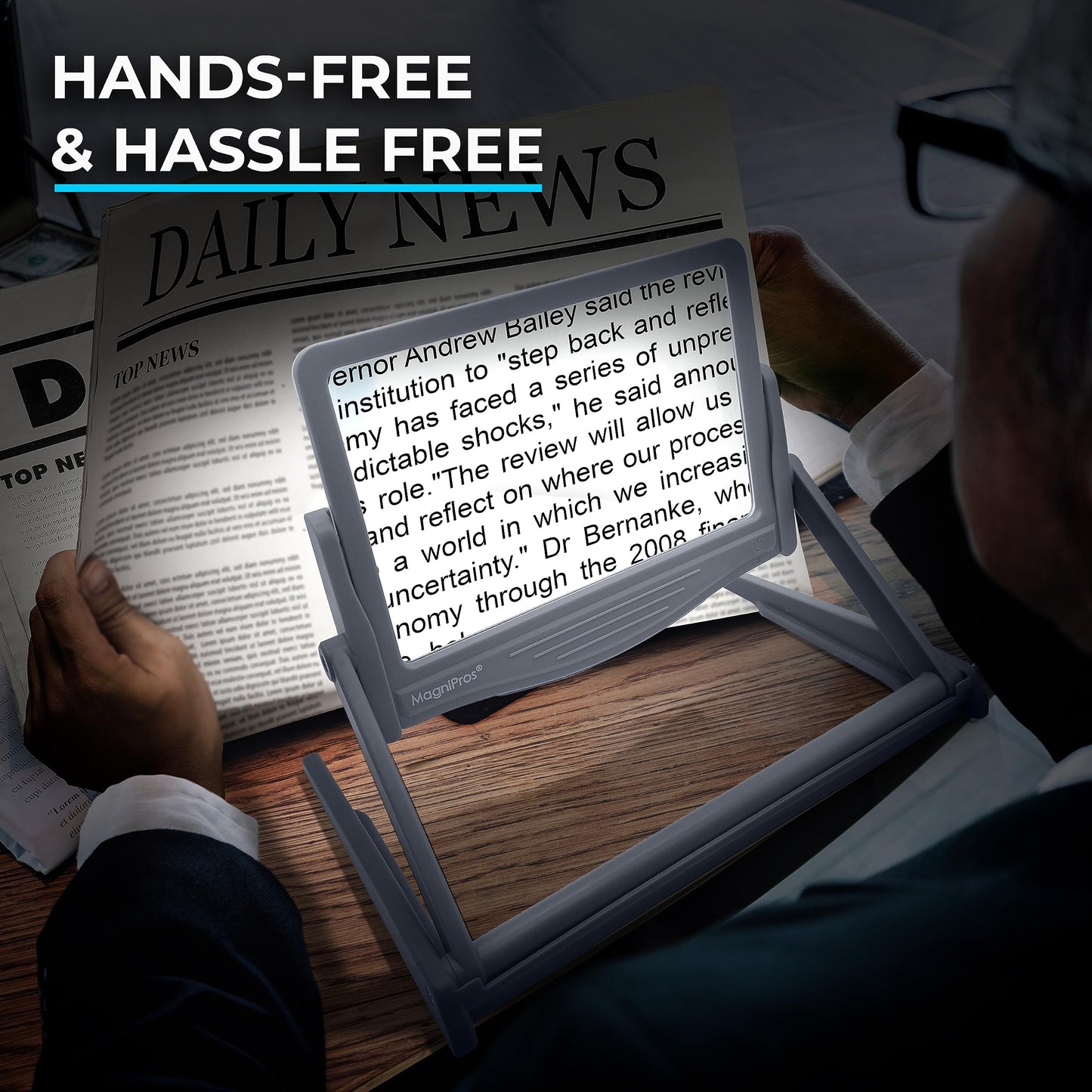 MAGNIPROS Patented 5X [Rechargeable] LED Page Magnifier with Foldable Stand | Eye Caring 3-Color Light Modes & Anti-Glare Lens for Reading Fine Print, Crafting, Low Vision & Seniors