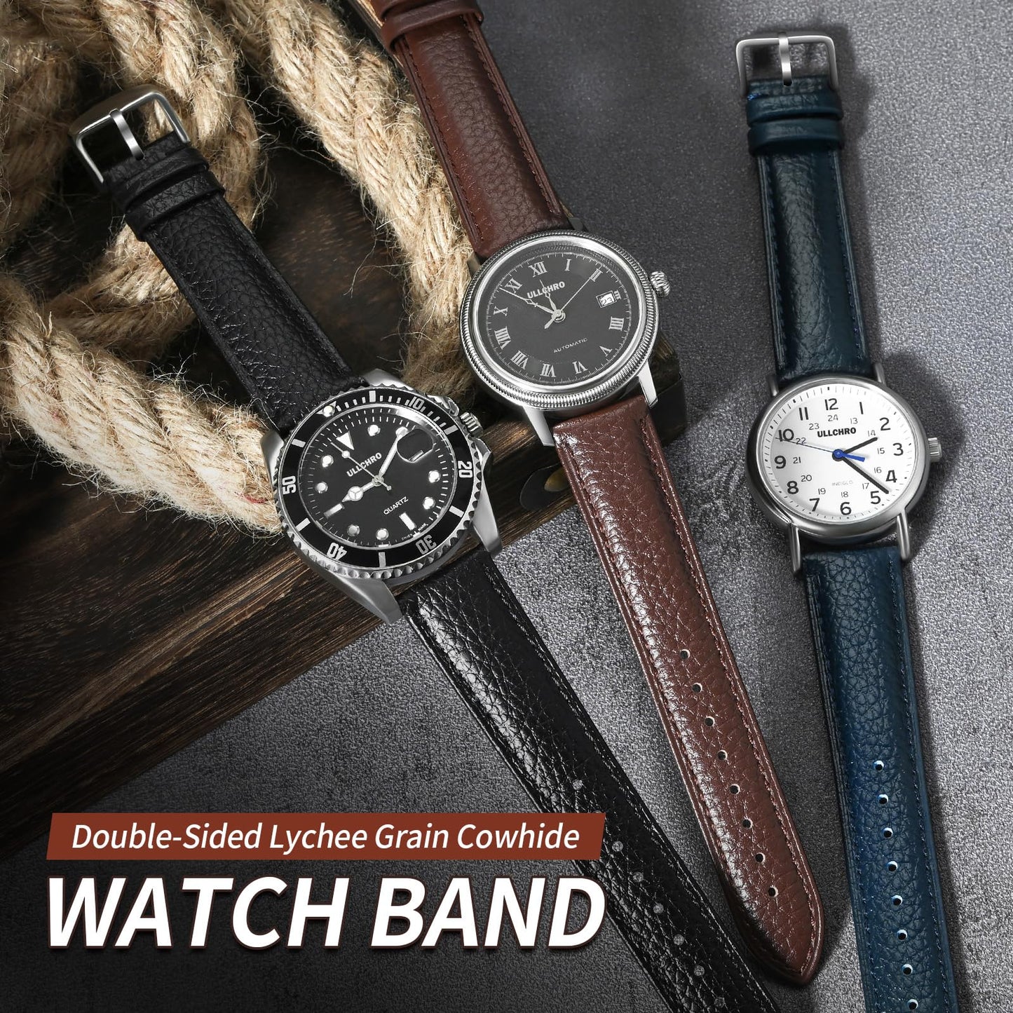 ULLCHRO Genuine Leather Watch Strap Quick Release Watch Band Vintage Alligator Grain Leather Strap Premium Top Grain with Stainless Steel Buckle, Soft Brown Calfskin for Men Wrist (20mm, Dark Brown)