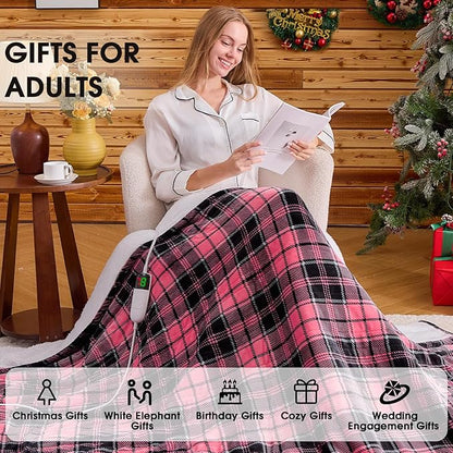 Pink Heated Blanket Electric Full Size,72X84 Heating Blanket with 10 Heats Levels&8 Hours Auto Off&Timer,Plaid Soft Sherpa Pink Blankets Warmer Gift for Grandma Women Adult,Fast Heating Washable
