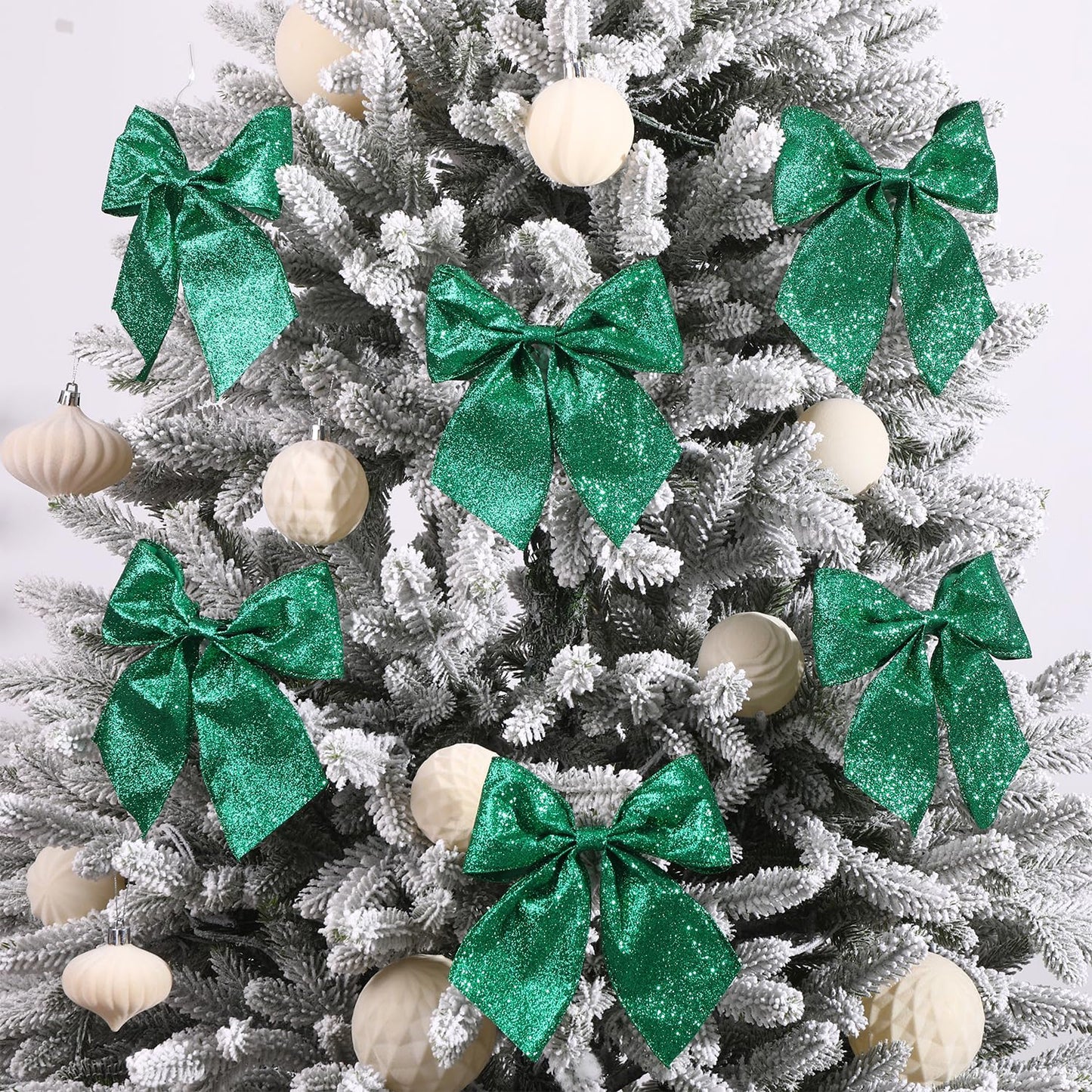 JOICEE 12 Pcs Glitter Ribbon Christmas Bows with Twist Ties,5.5 Inch Premade Metallic Xmas Bows for Christmas Trees Garland Wreath Gift Wrapping Decorations(Green)
