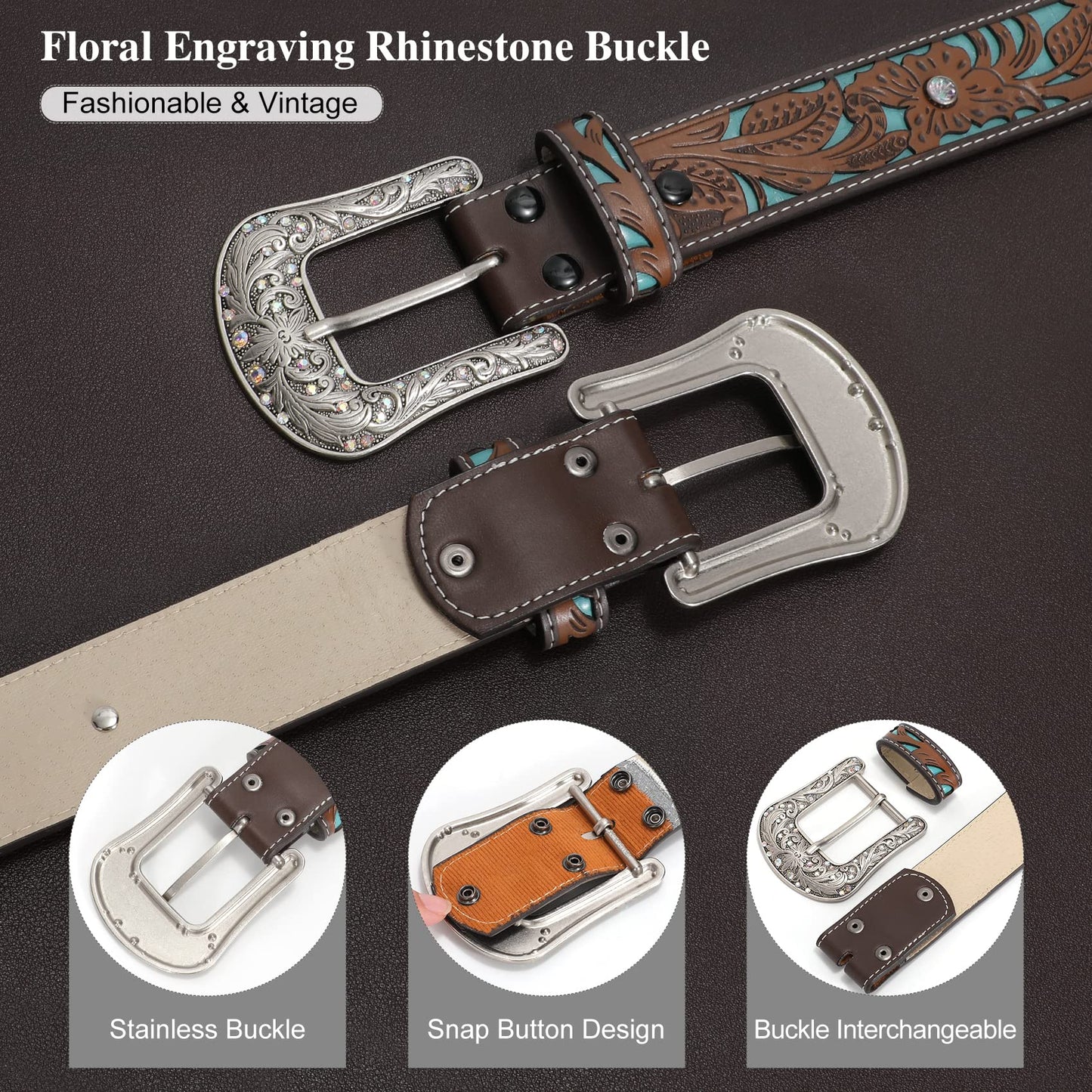 XZQTIVE Women Men Genuine Leather Belt Vintage Ladies Western Belt Engraved Tooled Leather Belt Cowboy Cowgirl Country Belt