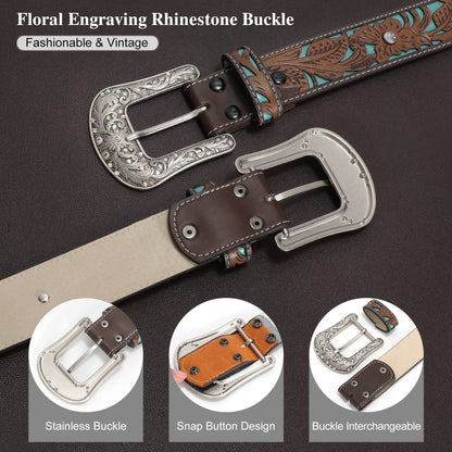 XZQTIVE Women Men Genuine Leather Belt Vintage Ladies Western Belt Engraved Tooled Leather Belt Cowboy Cowgirl Country Belt