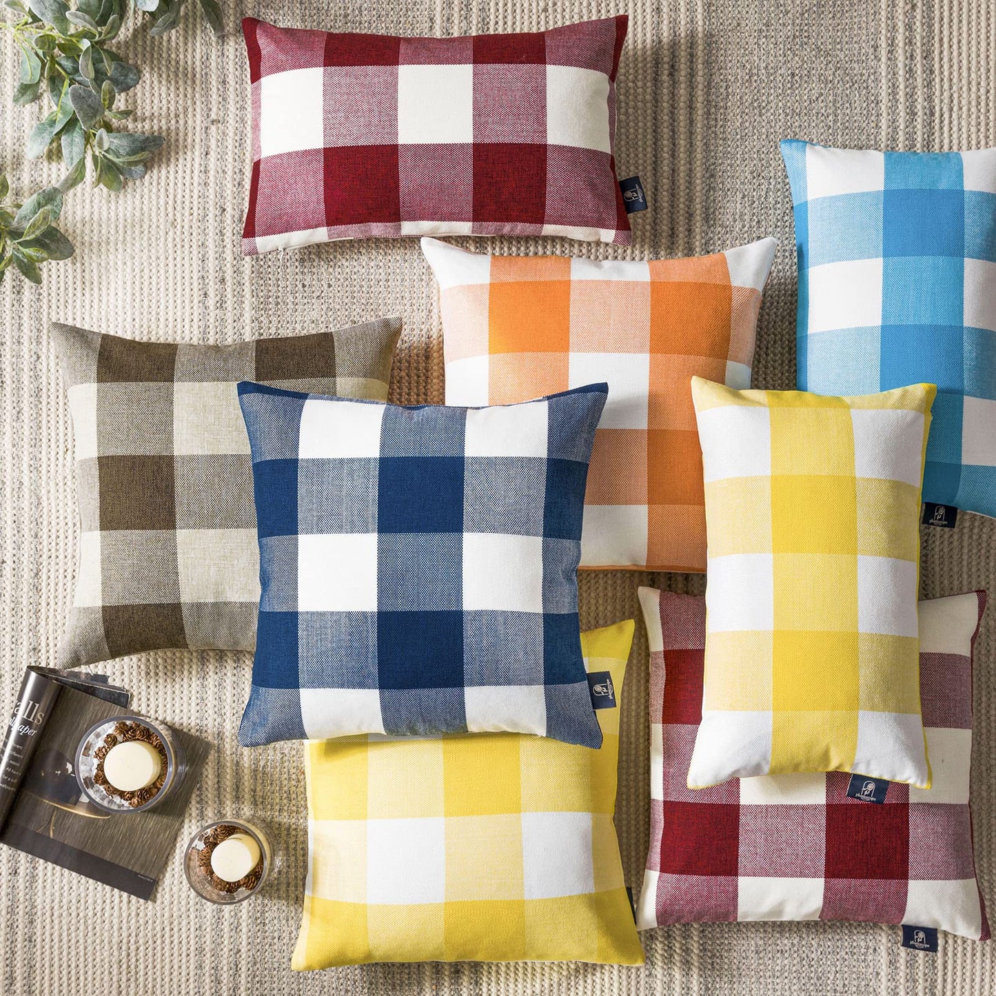 Phantoscope Pack of 2 Gingham Buffalo Plaid Christmas Throw Decorative Pillow Cover Outdoor Indoor Throw Pillows Farmhouse Square Pillow Cases for Home Decor Red,18 x 18 Inches