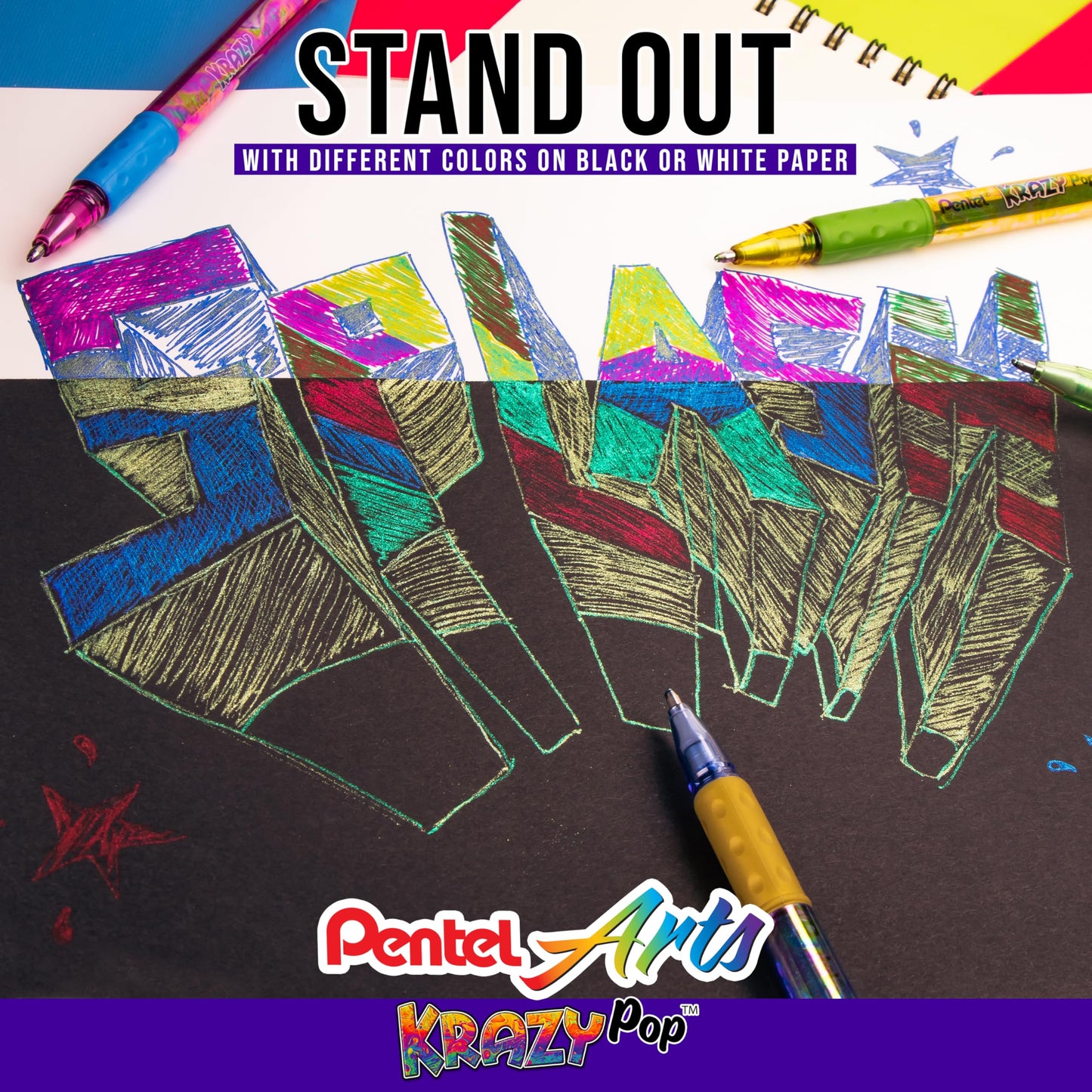 Pentel Sparkle and Krazy Pop, Metallic Gel Ink Pen, (1.0mm), Bold Line, Assorted Ink Colors, 12 count (K91BP12M)