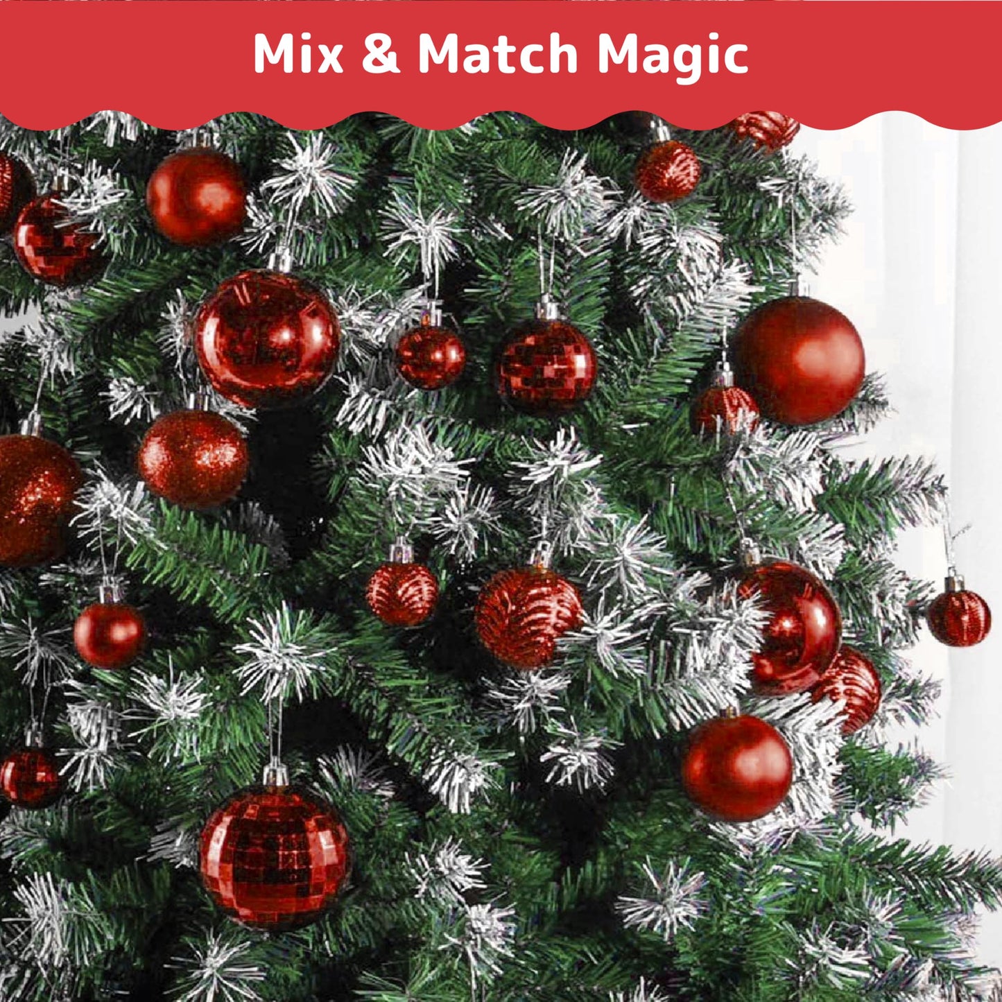 Prextex 36-Pieces Red Christmas Ornaments Set - Shatterproof, Festive Christmas Balls Decorations in 3 Sizes and 6 Styles with Hanging Loops for Tree, Wreath, and Dazzling Holiday Party Decor