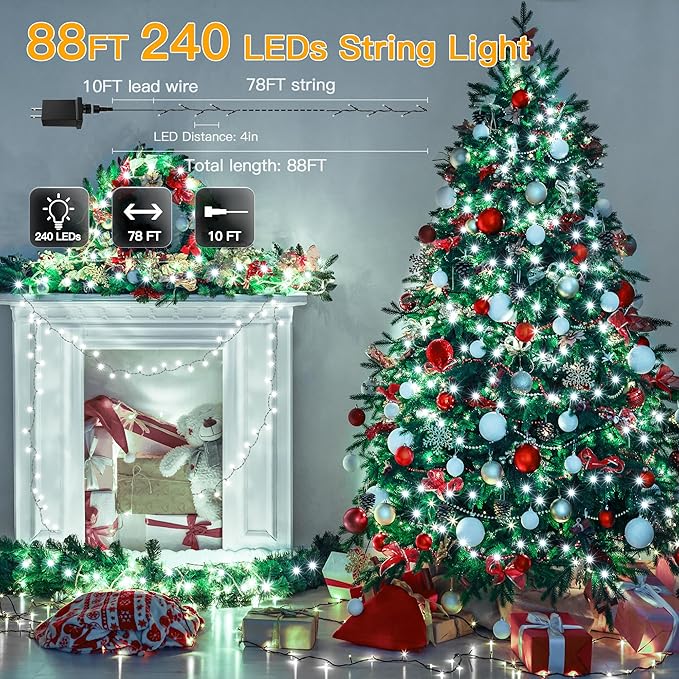 240LED 88Ft Christmas Lights with Memory, 13 Modes Waterproof Xmas String Lights Outdoor with Timer, Christmas Decorations for Indoor Patio Garden Party Home(Cold White)