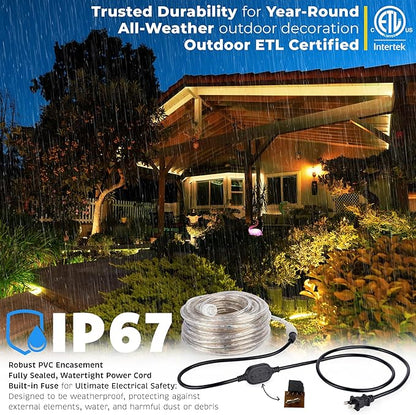 WYZworks 288LEDs 25ft LED Outside Rope Lights, Outdoor ETL Certified Waterproof Permanent 360 Degree Light Emitting, Flexible Tube, Connectable, Christmas Palm Tree Exterior Landscape, Warm White