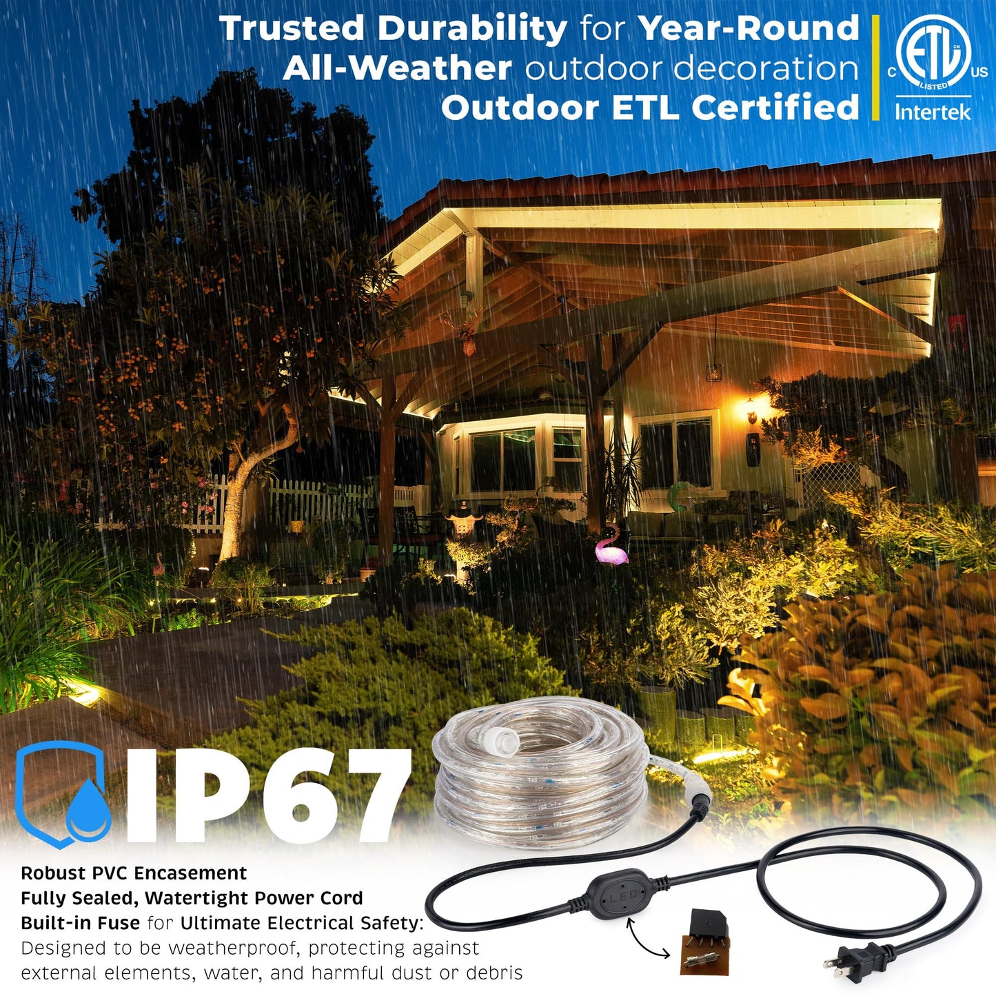 WYZworks 576LEDs, 50ft LED Outside Rope Lights, Waterproof Permanent Outdoor ETL Certified Connectable Clear Tube, Christmas Palm Tree Holiday Decorative Landscape Patio Accent Lighting - Warm White