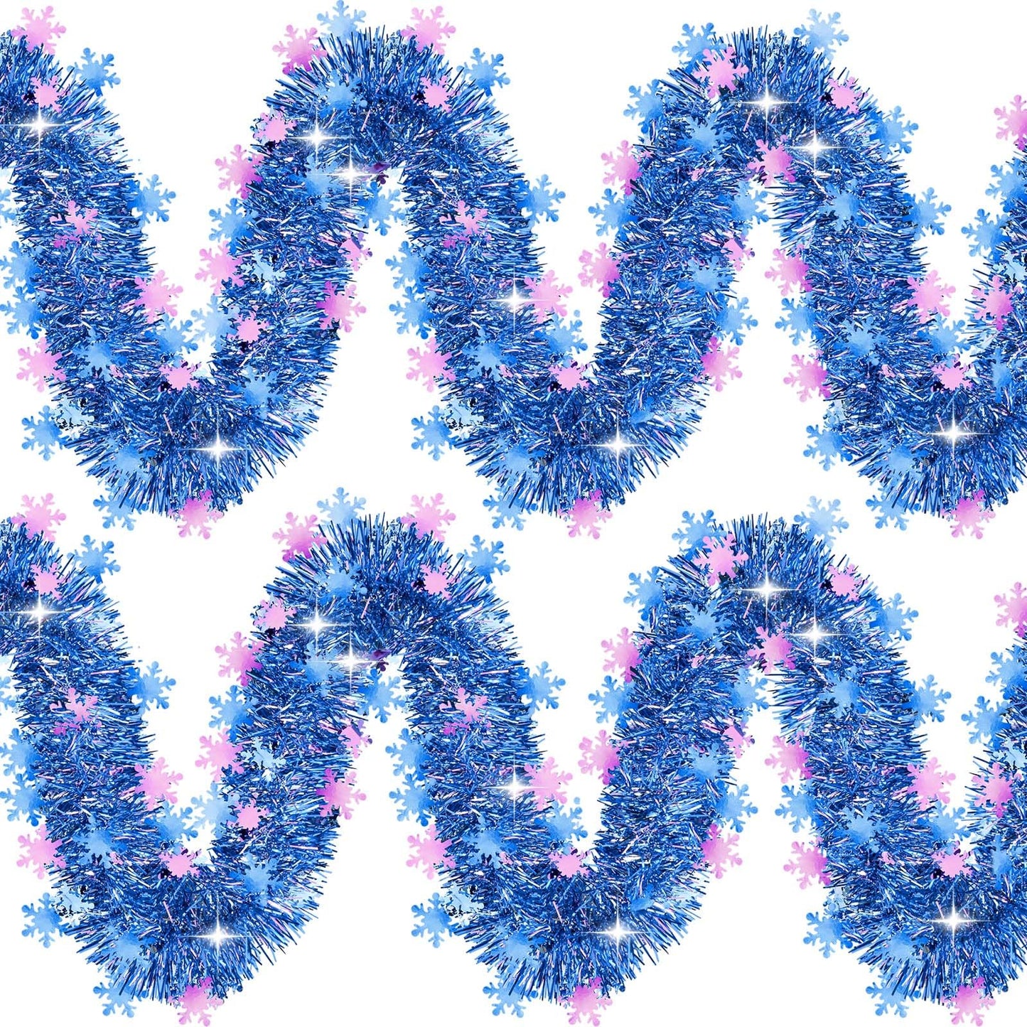 64.6 Feet Blue Purple Snowflakes Tinsel Garland Christmas Glitter Metallic Iridescent Twist Hanging Garland for Xmas Snow Winter Indoor Outdoor Ceiling Wall Tree Birthday Party Decoration