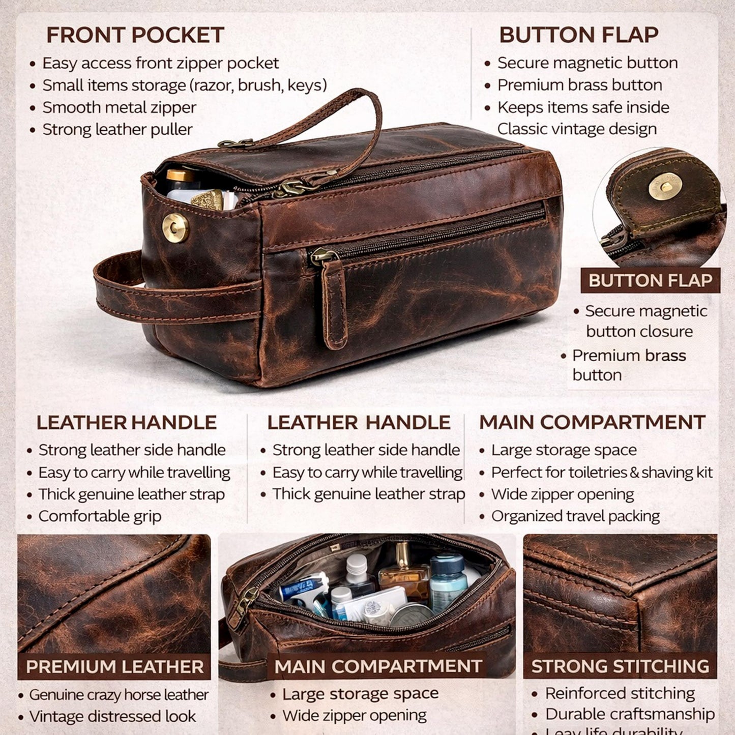 cuero Premium Buffalo Leather Unisex Toiletry Bag Travel Dopp Kit Vintage Travel Shaving & Dopp Kit For Men And Women
