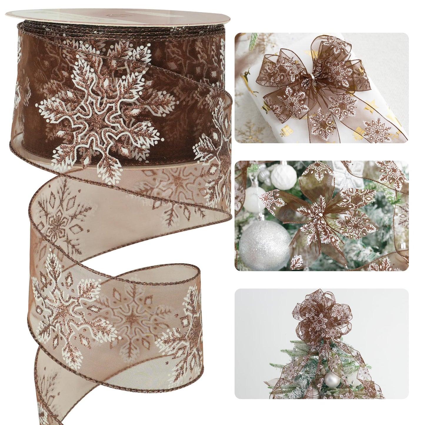 HUIHUANG Snowflake Sheer Wired Ribbon Brown Glitter Snowflakes Ribbon for Christmas Tree Decorations, Bows Making, Wreath, Gift Wrapping, Garlands, Fall Decor- Continuous 25 Yards