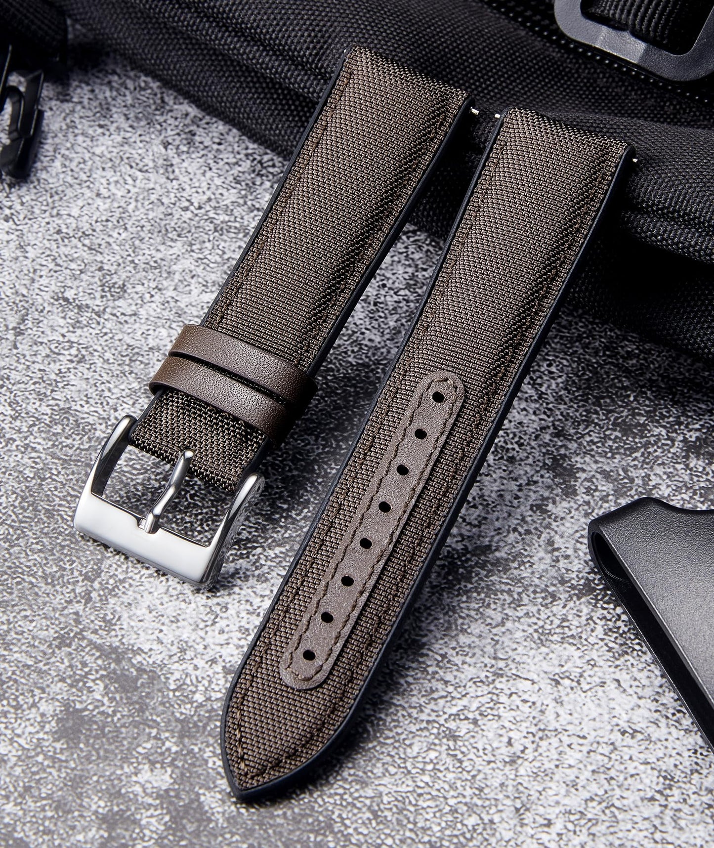 BINLUN Nylon Silicone Watch Bands 18mm 19mm 20mm 21mm 22mm Quick Release Canvas Rubber Hybrid Watch Strap Replacement Watchband for Men Women 9 Colors Silver/Black Buckle(Dark Brown-Silver,19mm)