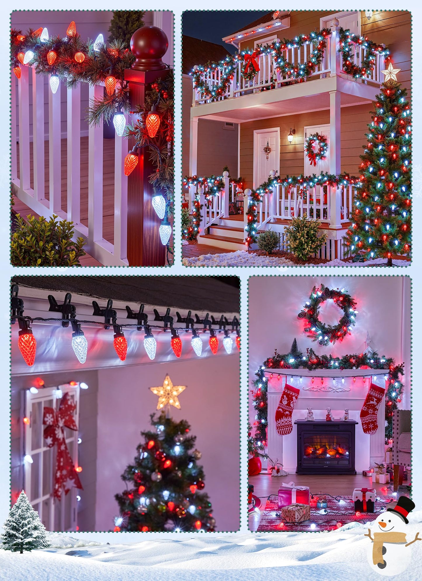 C9 LED Christmas Lights Outdoor, 99 Feet 150 LED C9 String Lights with 150 Spring Clips, Waterproof Connectable Christmas Tree Lights for Outside Roofline Patio Home Xmas Decor, Red & Pure White