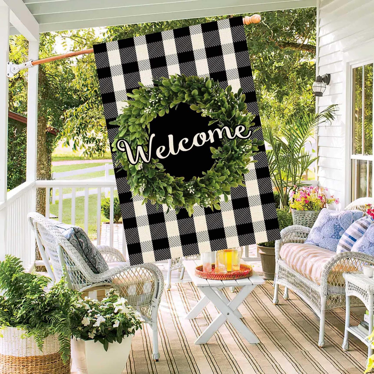 Baccessor Boxwood Wreath Welcome House Flag Vertical Double Sided, Buffalo Check Plaid Rustic Farmhouse Burlap Garden Yard House Flag Outdoor Decoration 28 x 40 Inch