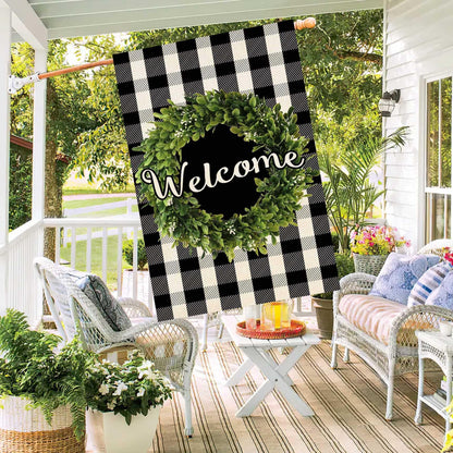 Baccessor Boxwood Wreath Welcome House Flag Vertical Double Sided, Buffalo Check Plaid Rustic Farmhouse Burlap Garden Yard House Flag Outdoor Decoration 28 x 40 Inch