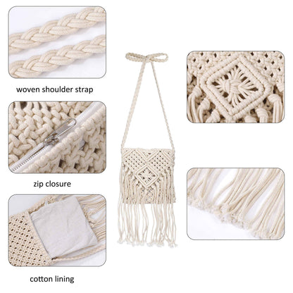 Women Tassel Shoulder Bag, Girls Fringed Crochet Purse Boho Crossbody Bags, Vintage Hand Woven Cotton Rope Hippie Style for Beach Vacation, Travel, Daily Use, Beige, Beige, S