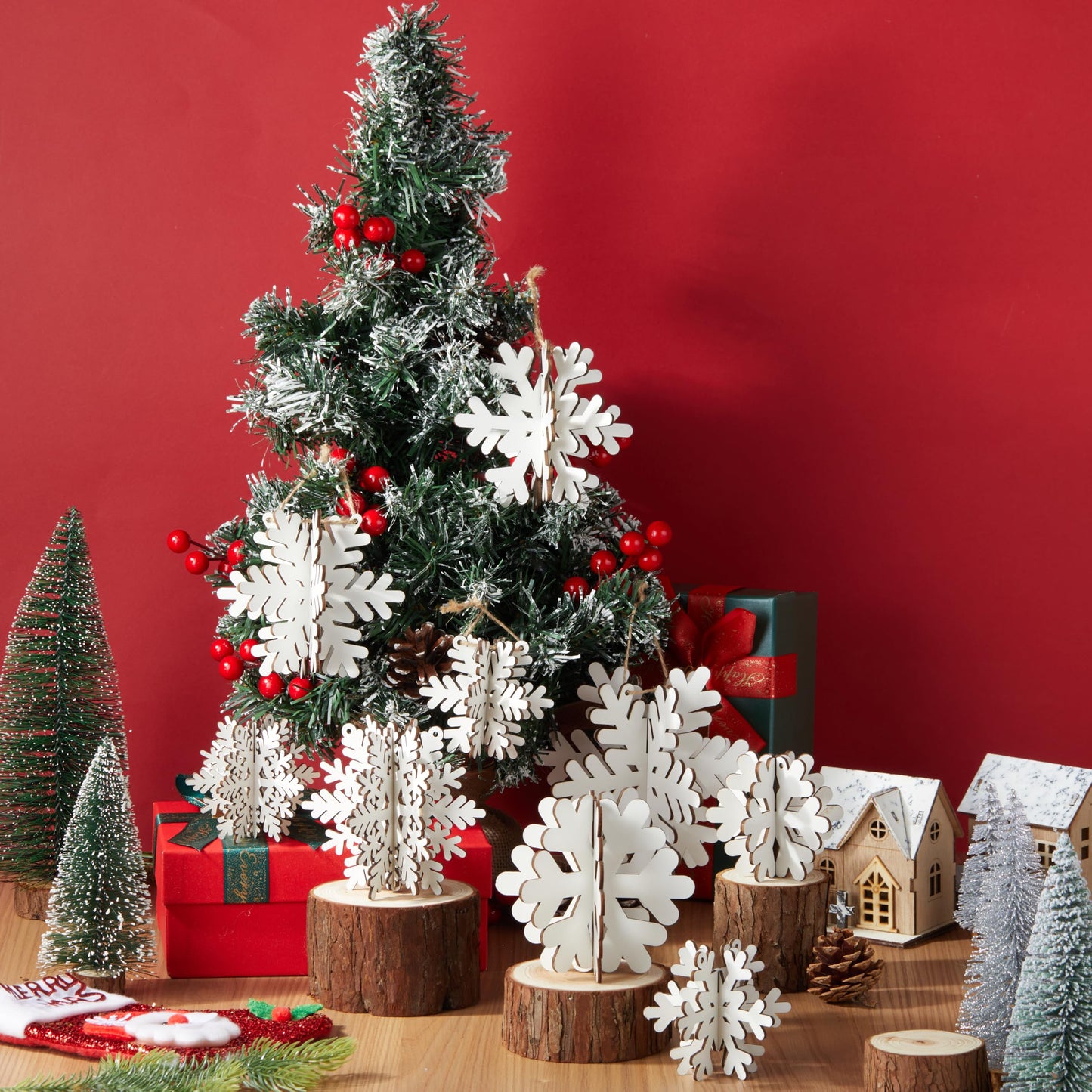 Chunful 36 Pcs Winter Wooden Snowflake Table Decorations 3D Hanging Snowflake Tabletop and Centerpiece with 12 Pcs Ropes for Christmas Home Wonderland Decoration Holiday Party Supplies