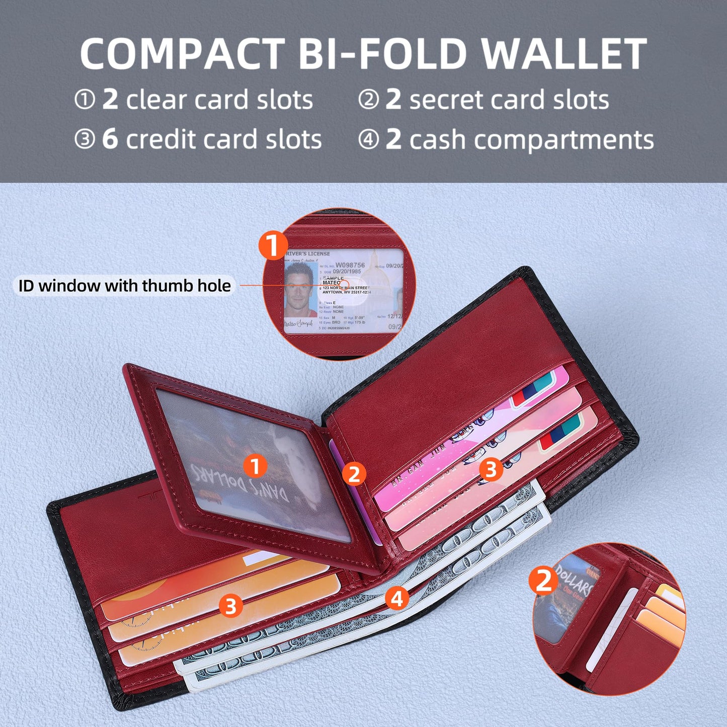 VISOUL Wallet for Men with 2 ID Windows 8 Credit Card Slots 2 Cash Compartments, Carbon Fiber Leather Bifold Mens Wallet with RFID Blocking (Black+Burgundy)