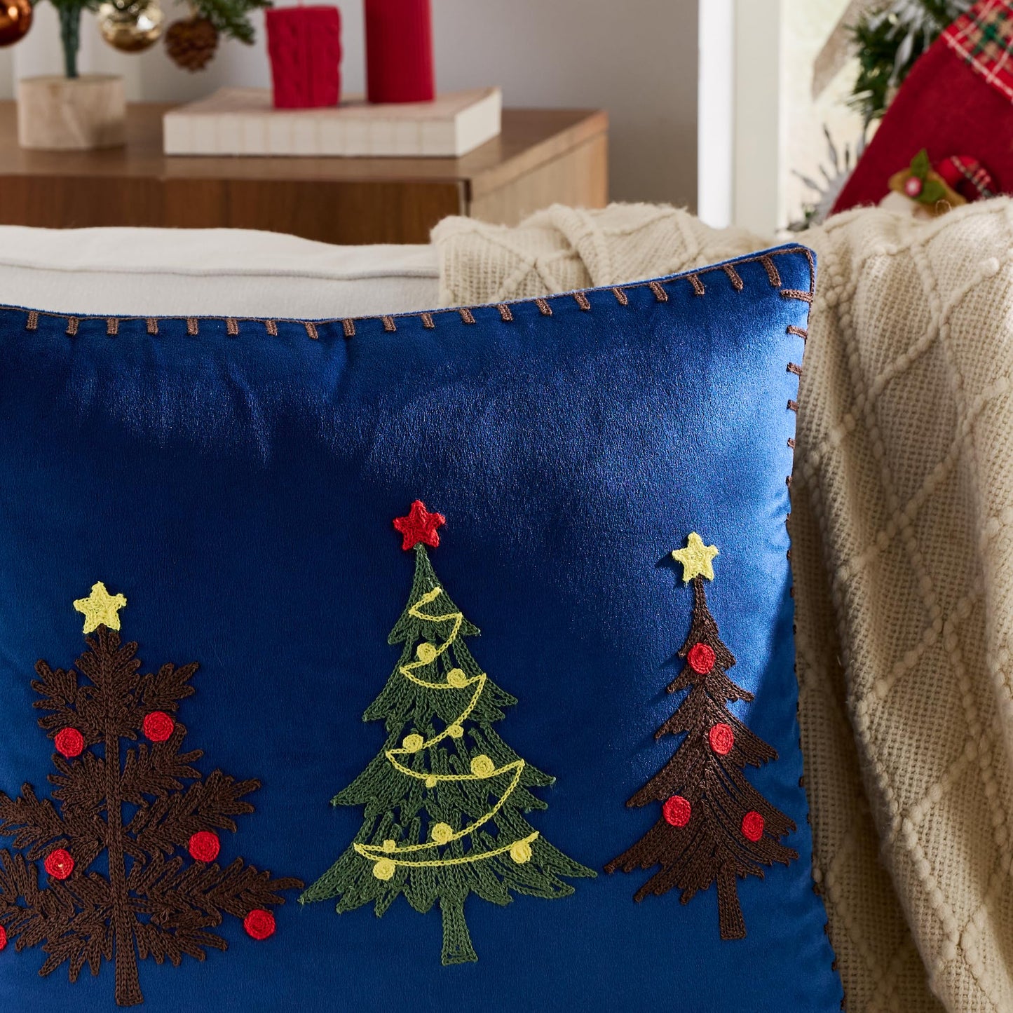 KINDREX Christmas Tree Throw Pillow Covers 18x18 Set of 2 Winter Holiday Decorative Navy Blue Embroidered Luxurious Soft Velvet Accent Pillowcase for Sofa Couch Bed Living Room Festivals Home Decor