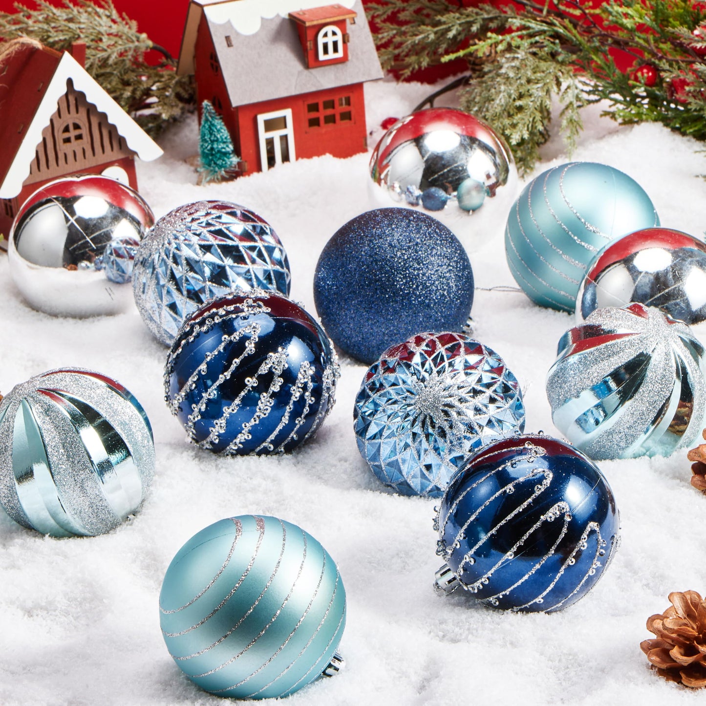 JOYIN 12 Pcs Blue Silver Christmas Balls Ornaments Set, 3.15'' Glittering Tree Hanging Christmas Decorations, Xmas Large Shatterproof Indoor Decor for Tree Wreath Holidays Wedding Party