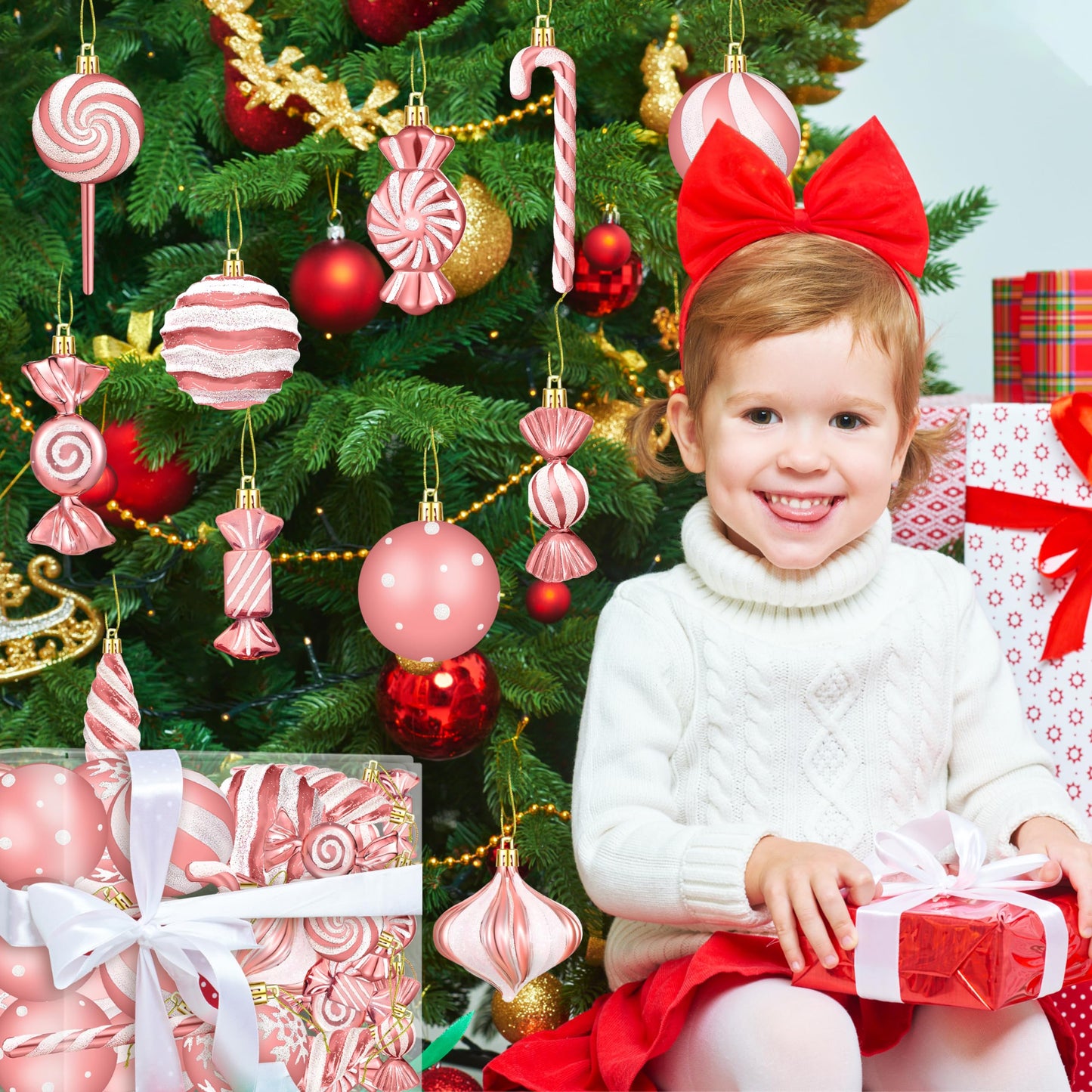Christmas Ornaments Candy Lollipop Set -48Pcs for Xmas Tree Decoration Hanging Plastic Gloss Candy Canes Ball Pendants for New Year Home Decor Party Supplies (Rose Gold)