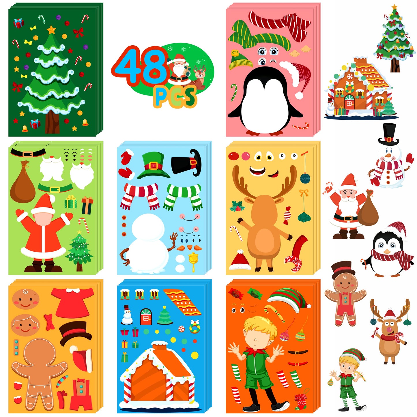 LINAYE 48 Sheets Christmas Stickers Crafts for Kids Toddlers, 8 Styles Make Your Own Stickers Goodie Treat Bag Stuffers Christmas Game Activities for Kids Toddlers Party Favors