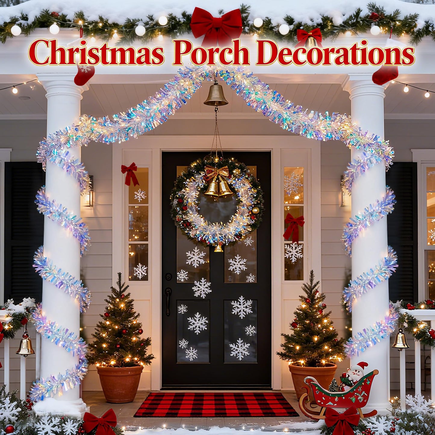 Christmas Garland with Lights, 2 Pack 6.5FT Iridescent Tinsel Garlands Battery Operated, Shiny Streamers Garland New Year Decorations, Garland for Wedding Birthday Holiday New Years Eve Party Supplies