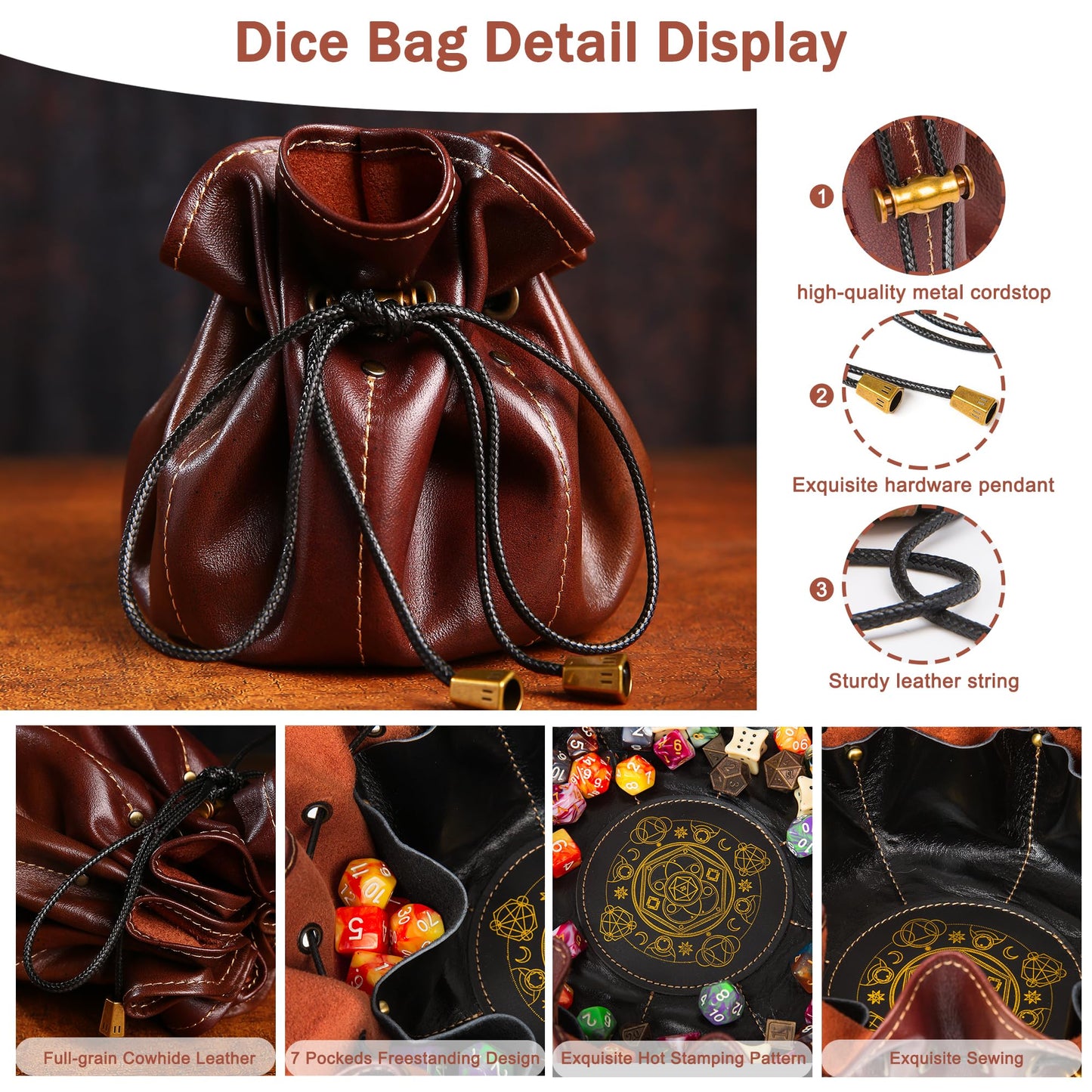 Chuleag Full-Grain Leather Dice Pouch with Built-in Rolling Tray, Magic-Themed, Large Capacity Collector's Organizer for D&D, RPGs & Dice Enthusiasts