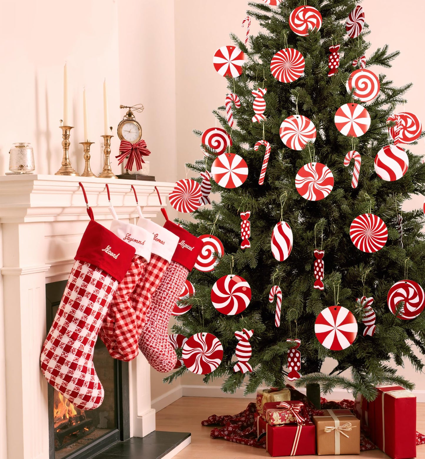 Ouddy Decor 60 Pcs Candy Cane Christmas Tree Ornaments, Red and White Peppermint Lollipop Christmas Decorations Candy Cane Hanging Ornaments for Xmas Tree New Year Party Supplies Holiday Home Decor