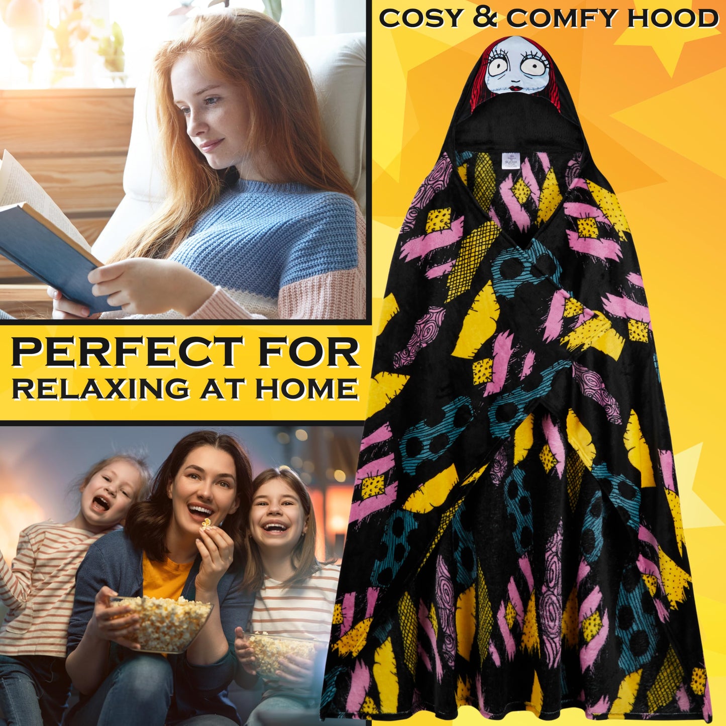 Disney The Nightmare Before Christmas Adult Blanket with Hood 51x59 in, Fleece Wearable Blanket Loungewear, Warm, Cozy Gifts for Women, Men (Black NBC)
